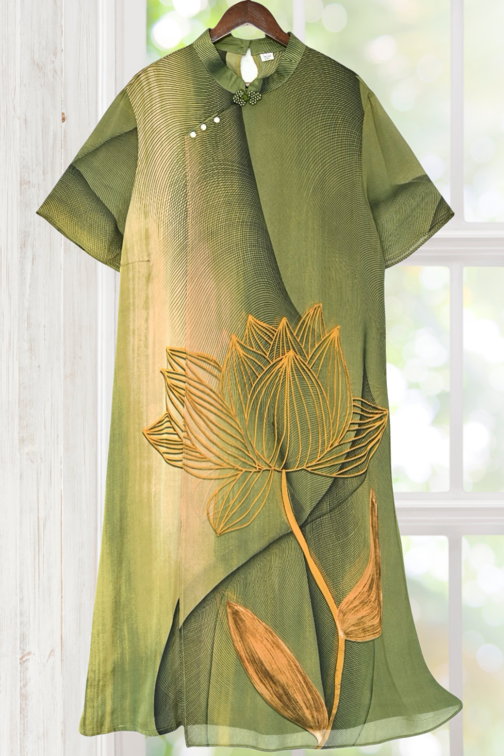 Monica Green Lotus Dress with Frog Button